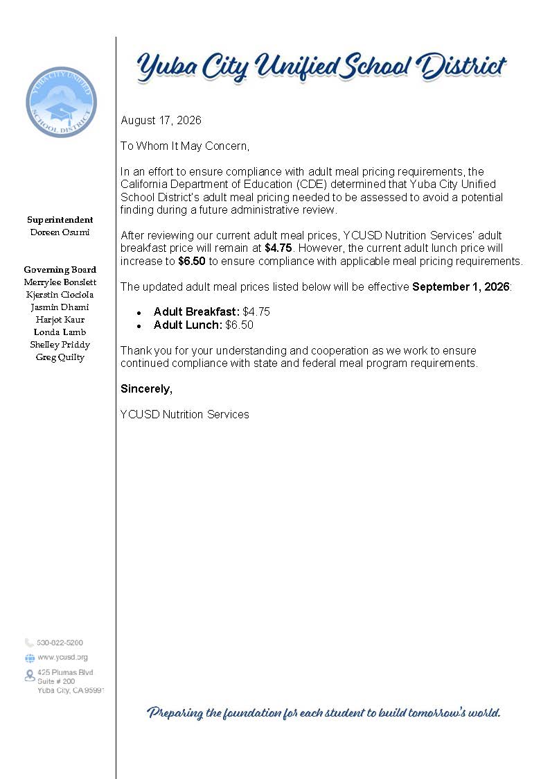 YCUSD Nutrition Services Adult Meal Prices Effective 9-1-2026