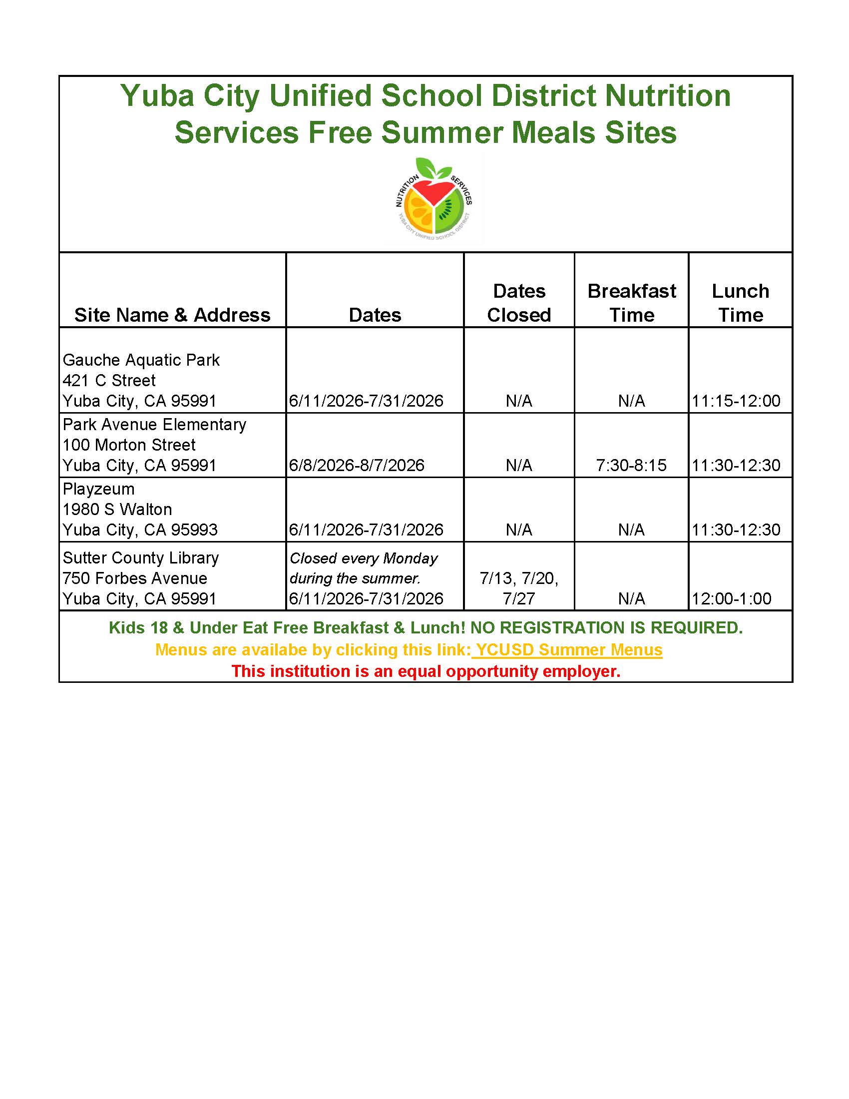 Summer Meals 2026 Updated 7-13-26