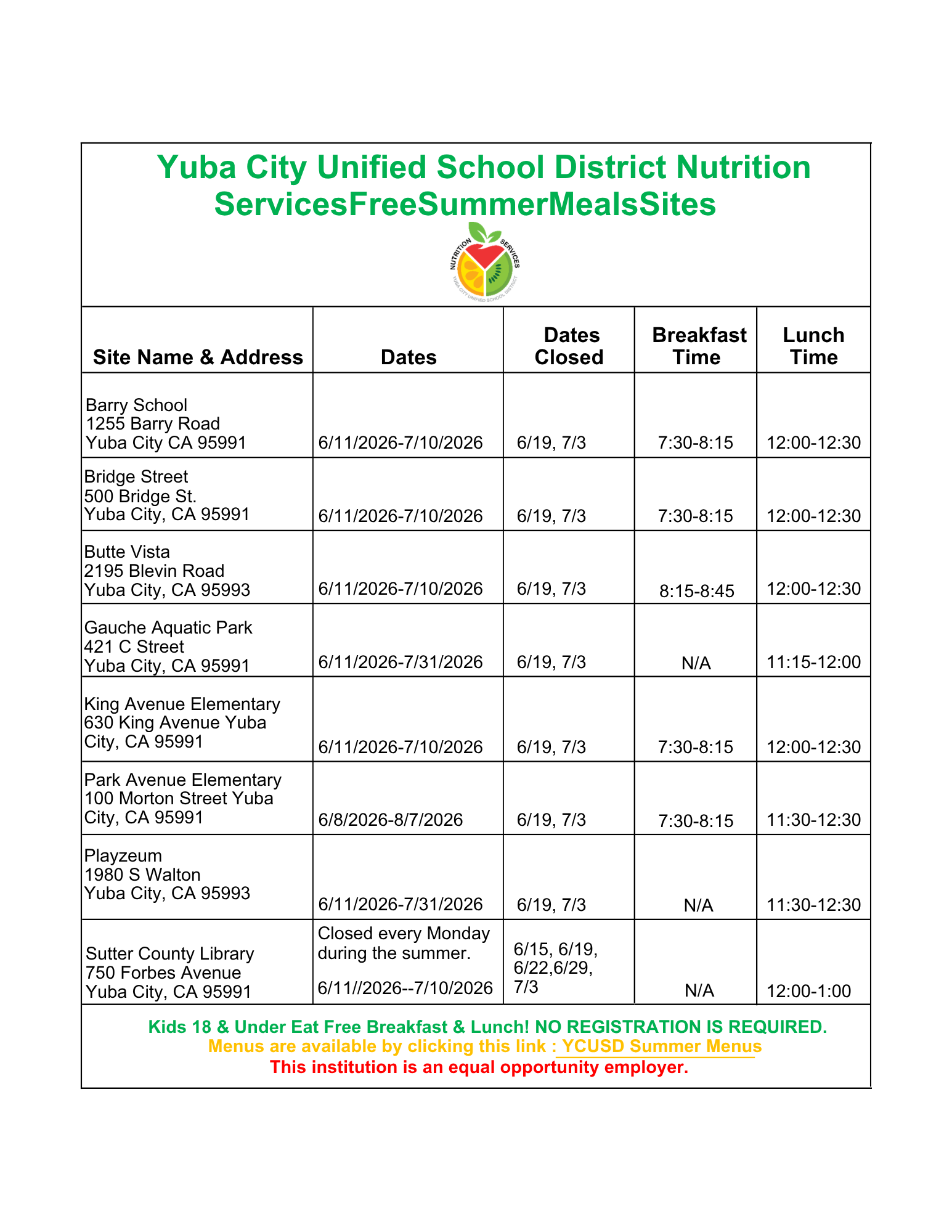 2026 YCUSD Free Summer Meal Sites
