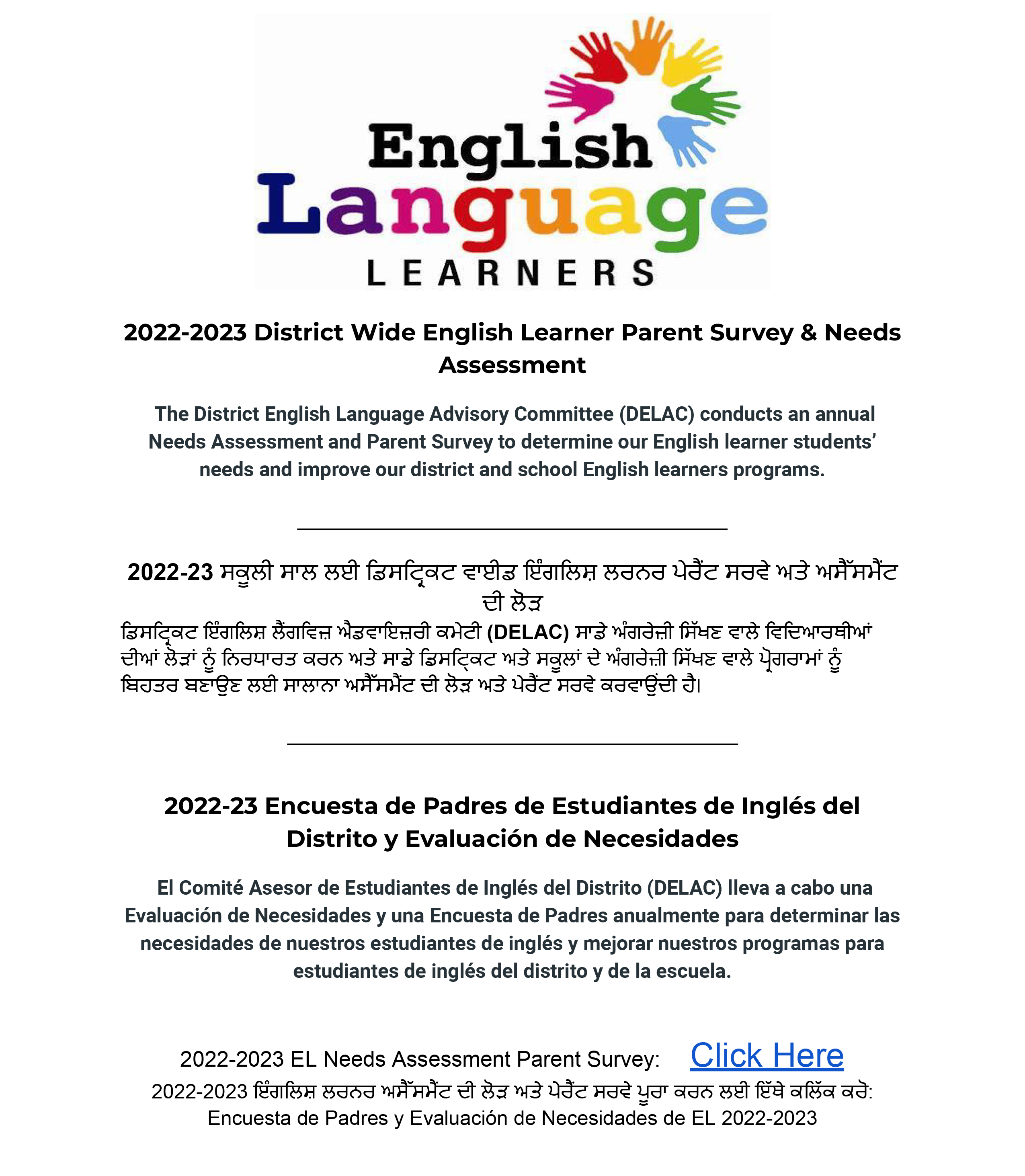 English Language Learners Parent survey & Needs